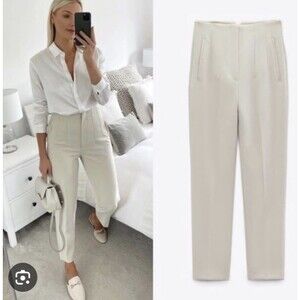 ZARA High Waisted Slim Tapered Trouser Dress Pants Blogger Old Money Ivory S